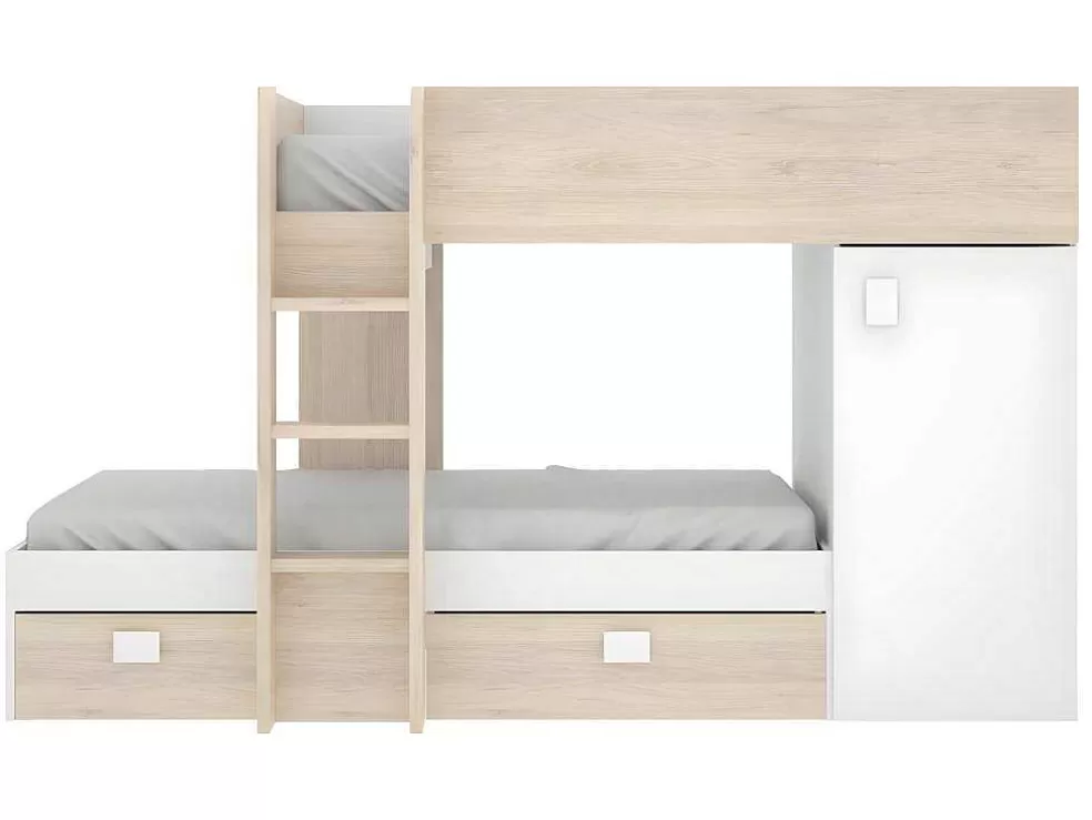 Vente-unique Beliche Reversivel De 2 X 90 X 190 Cm Com Espacos De Arrumação Integrados Cor Carvalho E Branco - Ricardo* Cama De Criança