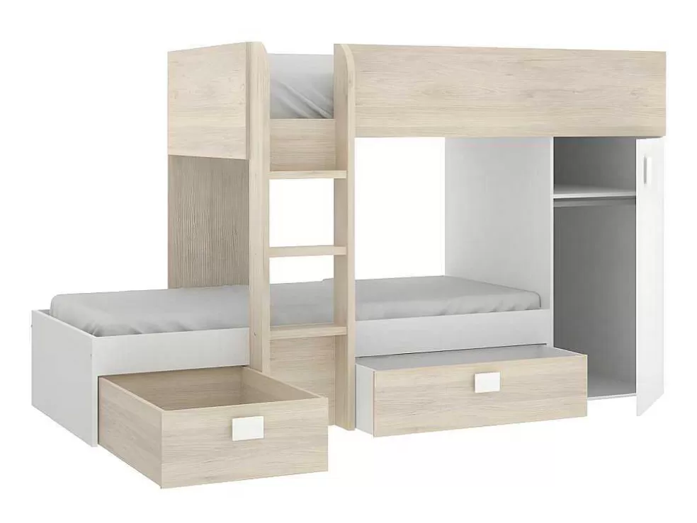 Vente-unique Beliche Reversivel De 2 X 90 X 190 Cm Com Espacos De Arrumação Integrados Cor Carvalho E Branco - Ricardo* Cama De Criança