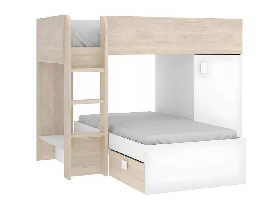 Vente-unique Beliche Reversivel De 2 X 90 X 190 Cm Com Espacos De Arrumação Integrados Cor Carvalho E Branco - Ricardo* Cama De Criança