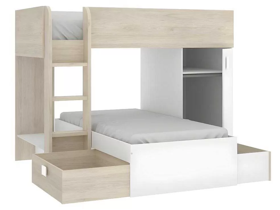 Vente-unique Beliche Reversivel De 2 X 90 X 190 Cm Com Espacos De Arrumação Integrados Cor Carvalho E Branco - Ricardo* Cama De Criança