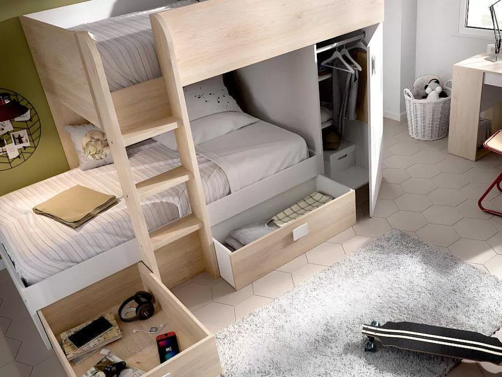 Vente-unique Beliche Reversivel De 2 X 90 X 190 Cm Com Espacos De Arrumação Integrados Cor Carvalho E Branco - Ricardo* Cama De Criança
