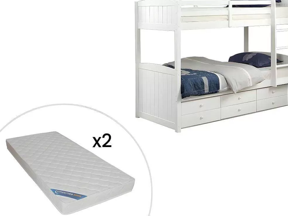 Vente-unique Beliche Separavel De 2 X 90 X 190 Cm Com Espacos De Arrumação Em Pinho Branco + Colchão - Anchise Ii* Beliche