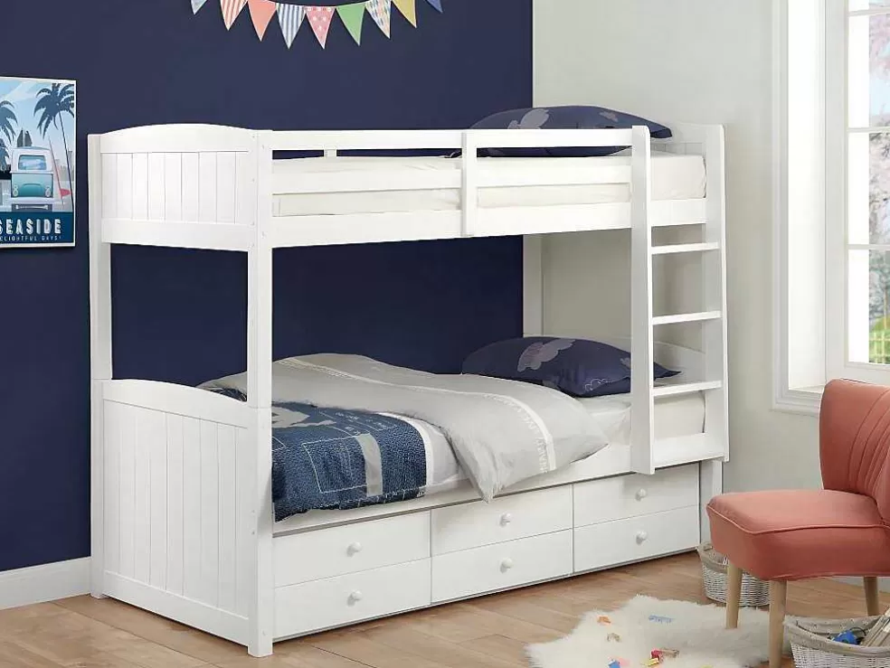 Vente-unique Beliche Separavel De 2 X 90 X 190 Cm Com Espacos De Arrumação Em Pinho Branco + Colchão - Anchise Ii* Beliche