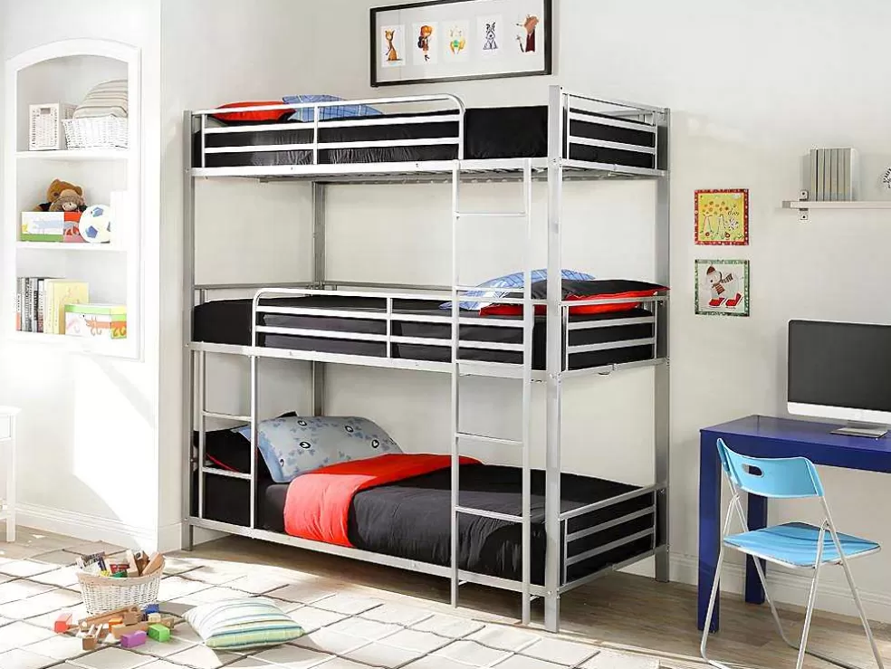 Vente-unique Beliche Triplo De 3 X 90 X 190 Cm Em Metal Cor Prateado - Elouan Iii* Cama De Criança