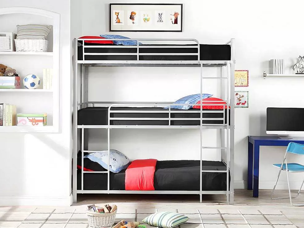 Vente-unique Beliche Triplo De 3 X 90 X 190 Cm Em Metal Cor Prateado - Elouan Iii* Cama De Criança