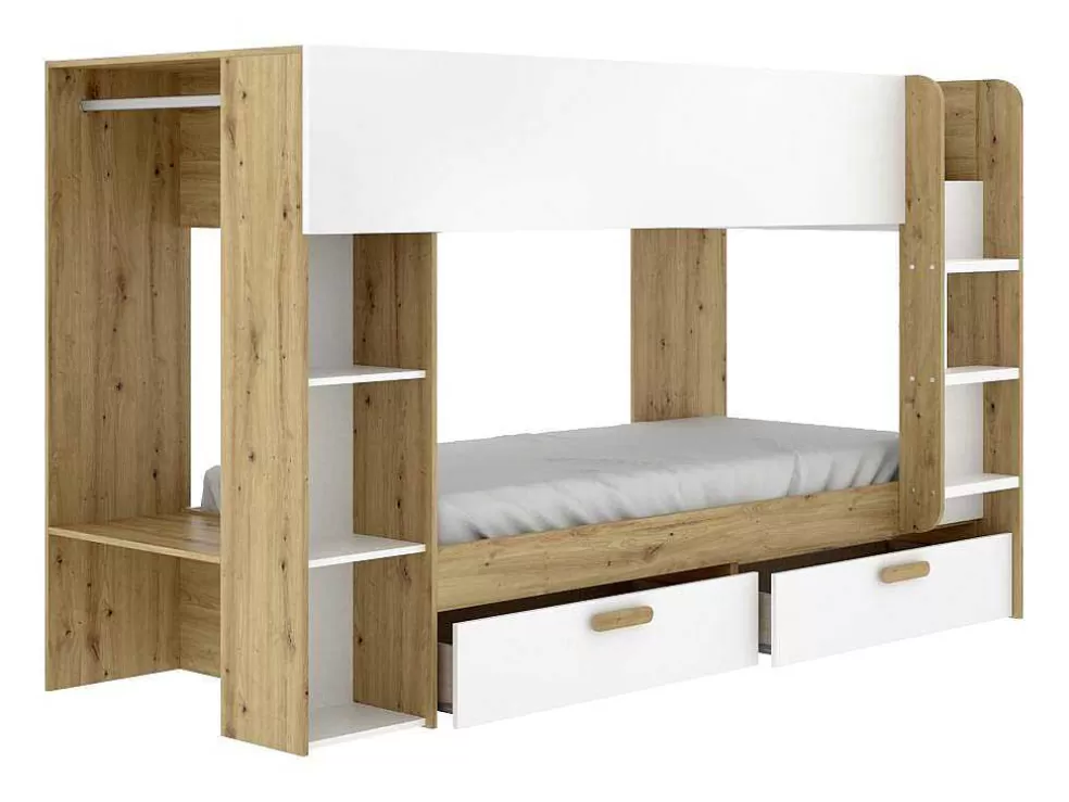 Vente-unique Beliche 2X90X200 Cm Com Espacos De Arrumação E Barra De Pendurados Branco E Natural - Ozana* Cama De Criança