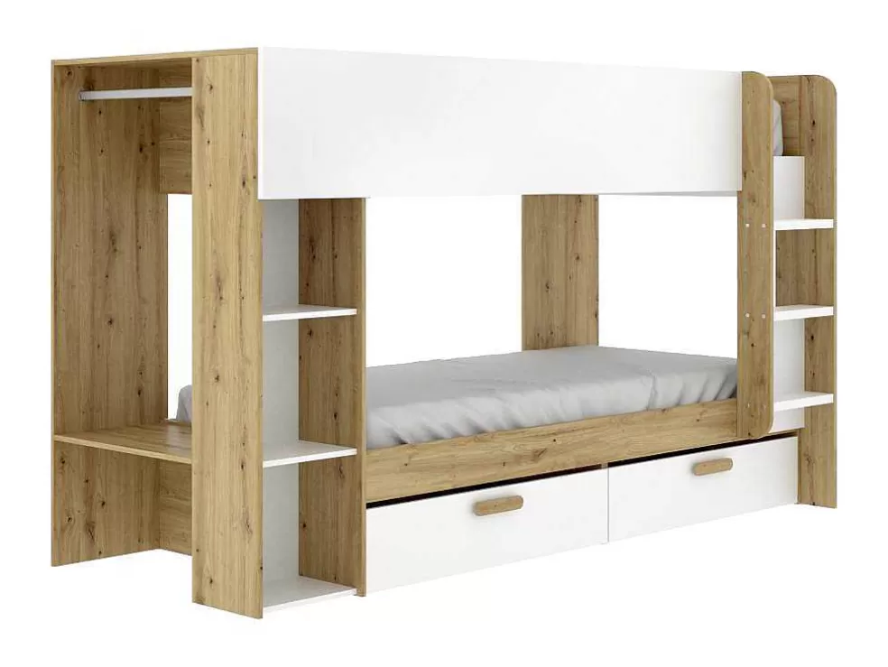Vente-unique Beliche 2X90X200 Cm Com Espacos De Arrumação E Barra De Pendurados Branco E Natural - Ozana* Cama De Criança