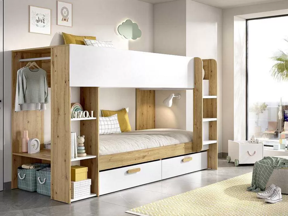 Vente-unique Beliche 2X90X200 Cm Com Espacos De Arrumação E Barra De Pendurados Branco E Natural - Ozana* Cama De Criança
