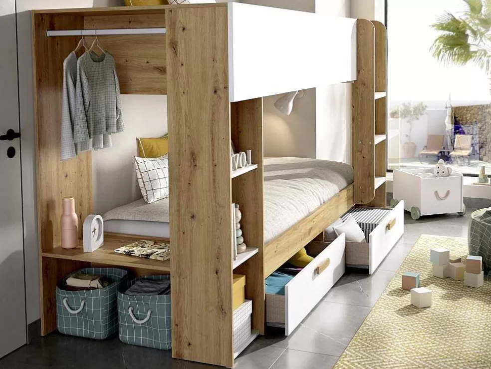 Vente-unique Beliche 2X90X200 Cm Com Espacos De Arrumação E Barra De Pendurados Branco E Natural - Ozana* Cama De Criança
