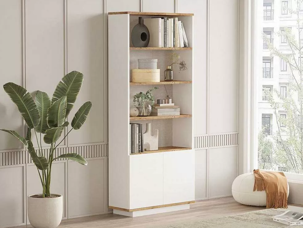 Vente-unique Biblioteca Com 2 Portas E 4 Nichos Natural Claro E Branco - Lotula* Biblioteca, Vitrina, Estante