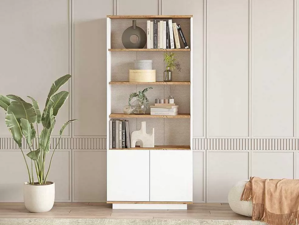 Vente-unique Biblioteca Com 2 Portas E 4 Nichos Natural Claro E Branco - Lotula* Biblioteca, Vitrina, Estante