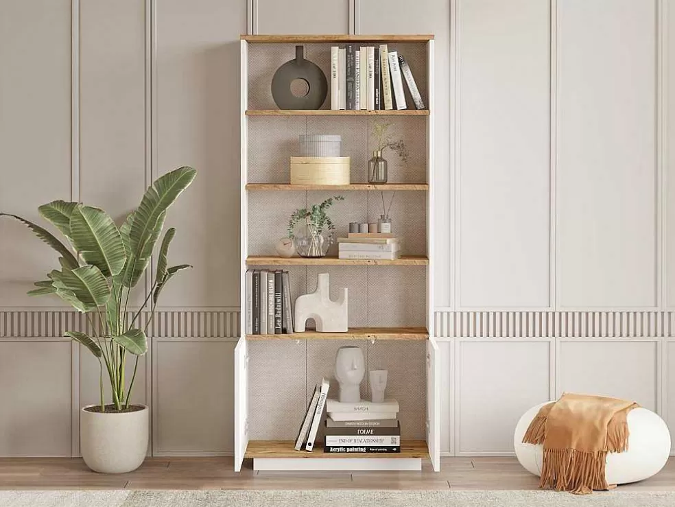 Vente-unique Biblioteca Com 2 Portas E 4 Nichos Natural Claro E Branco - Lotula* Biblioteca, Vitrina, Estante