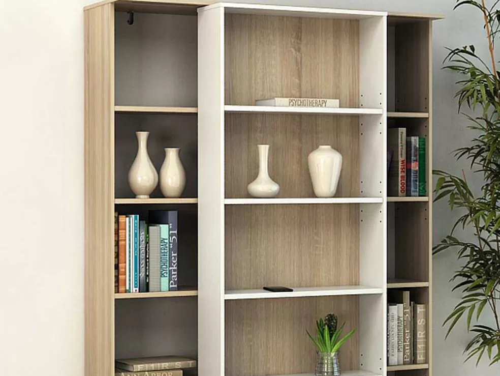 Vente-unique Biblioteca De Correr Com 18 Nichos Cor Branco E Carvalho - Prali* Biblioteca, Vitrina, Estante