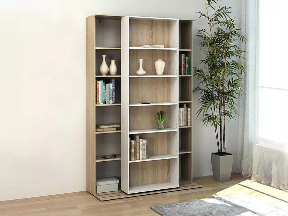 Vente-unique Biblioteca De Correr Com 18 Nichos Cor Branco E Carvalho - Prali* Biblioteca, Vitrina, Estante