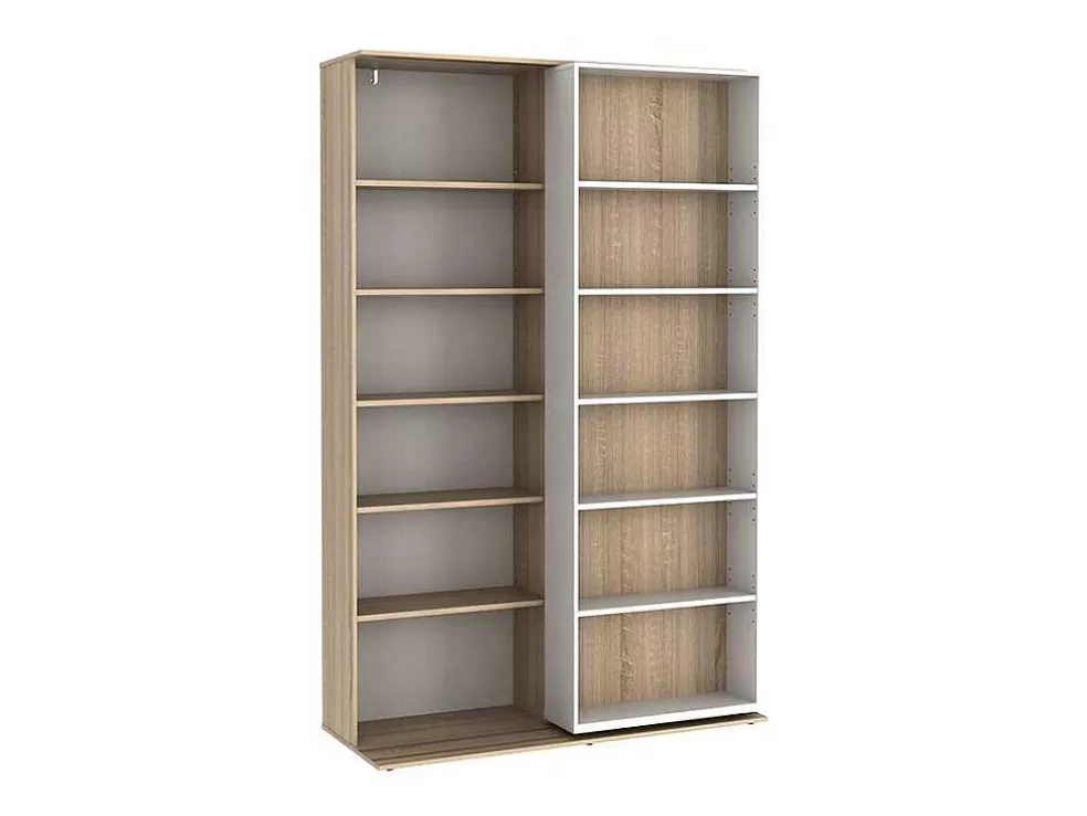 Vente-unique Biblioteca De Correr Com 18 Nichos Cor Branco E Carvalho - Prali* Biblioteca, Vitrina, Estante