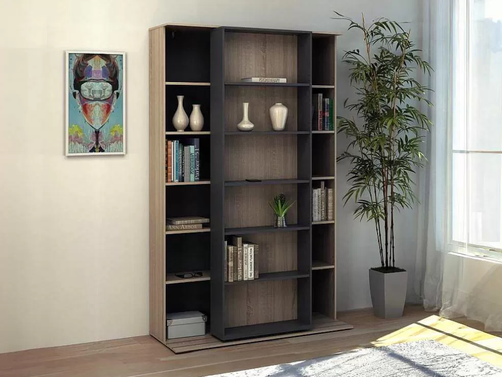 Vente-unique Biblioteca De Correr Com 18 Nichos Natural E Antracite - Prali* Biblioteca, Vitrina, Estante