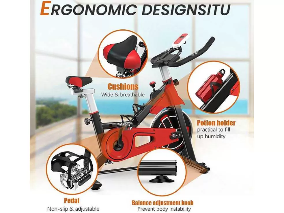 Vente-unique Bicicleta De Spinning Com Assento E Guiador Ajustaveis, Bicicleta De Exercicio Com Resistencia Ajustavel E Ecra Lcd* Fitness