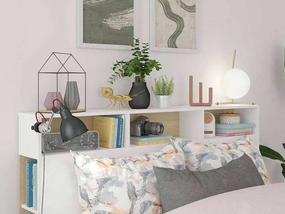 Vente-unique Cabeceira De Cama Com Espacos De Arrumação De 160 Cm Em Branco E Carvalho - Nastia* Cabeceira E Ponte De Cama