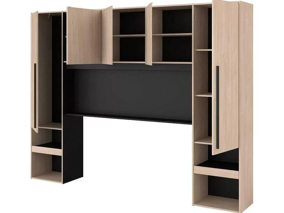 Vente-unique Cabeceira De Cama Com Guarda-Roupa E Com Leds De C265 Cm Cor Natural E Preto - Velona* Cabeceira E Ponte De Cama