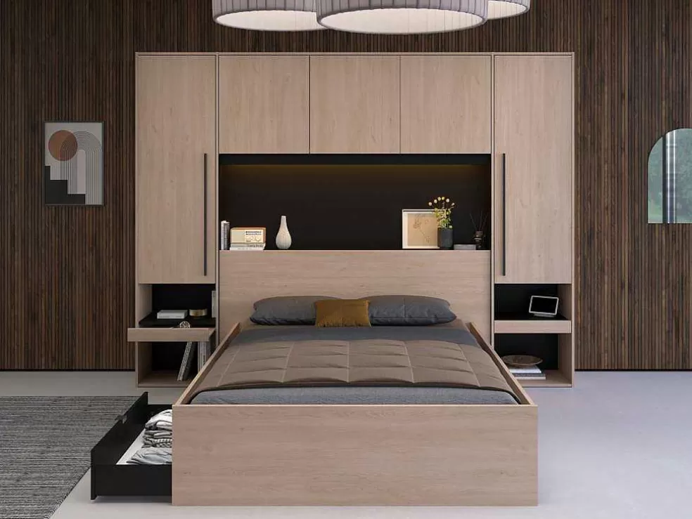 Vente-unique Cabeceira De Cama Com Guarda-Roupa E Com Leds De C265 Cm Cor Natural E Preto - Velona* Cabeceira E Ponte De Cama