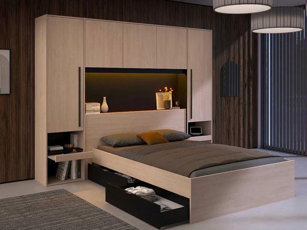 Vente-unique Cabeceira De Cama Com Guarda-Roupa E Com Leds De C265 Cm Cor Natural E Preto - Velona* Cabeceira E Ponte De Cama