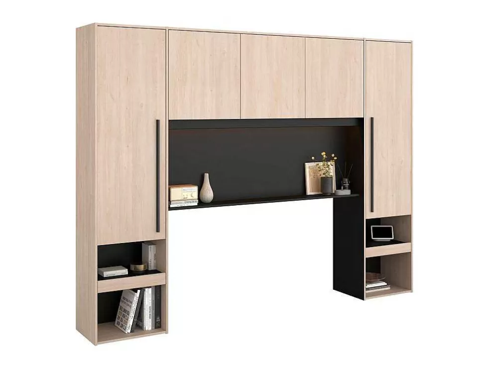 Vente-unique Cabeceira De Cama Com Guarda-Roupa E Com Leds De C265 Cm Cor Natural E Preto - Velona* Cabeceira E Ponte De Cama
