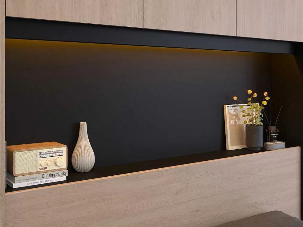 Vente-unique Cabeceira De Cama Com Guarda-Roupa E Com Leds De C265 Cm Cor Natural E Preto - Velona* Cabeceira E Ponte De Cama