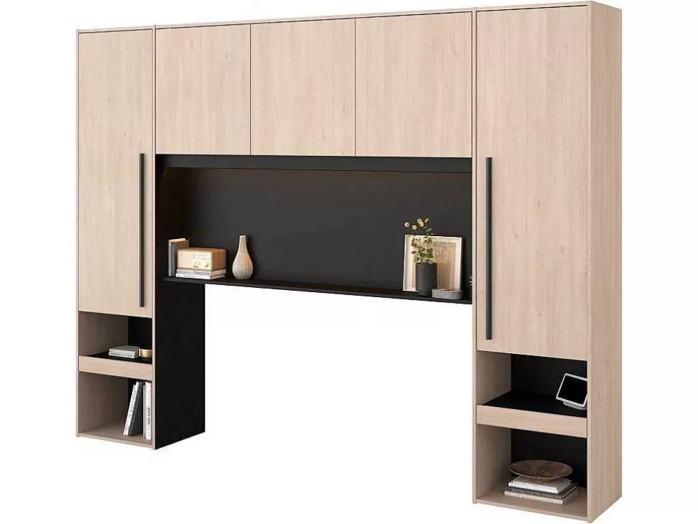 Vente-unique Cabeceira De Cama Com Guarda-Roupa E Com Leds De C265 Cm Cor Natural E Preto - Velona* Cabeceira E Ponte De Cama