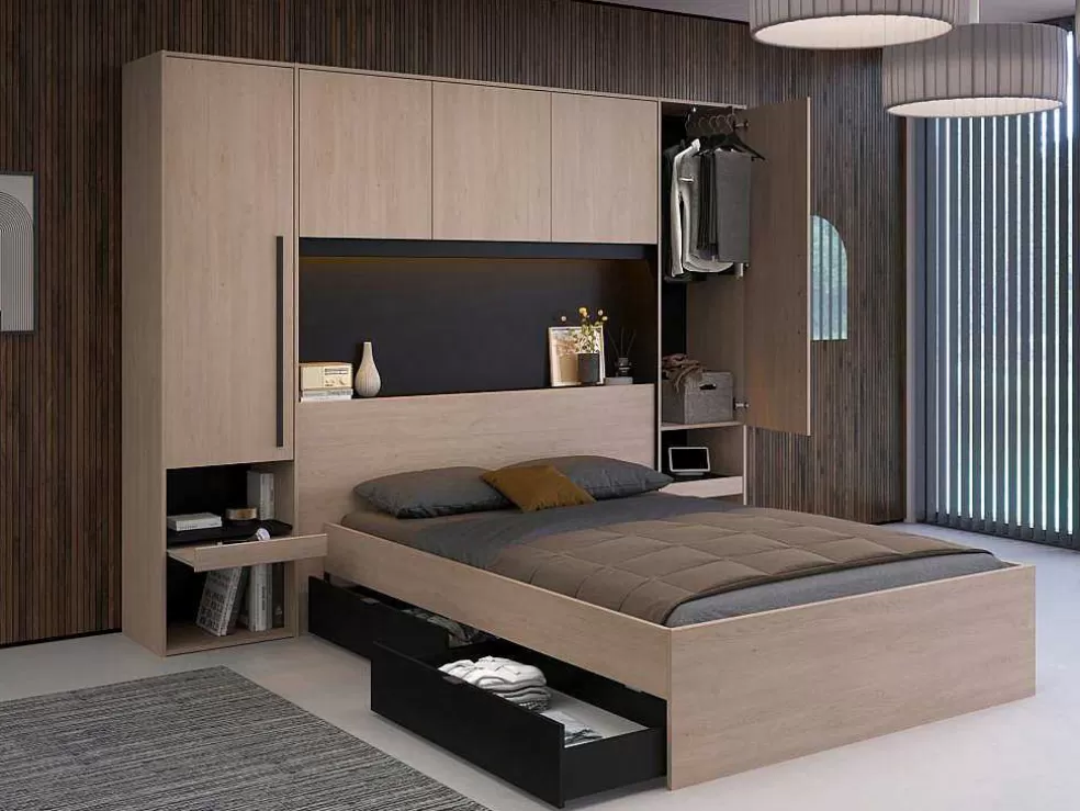 Vente-unique Cabeceira De Cama Com Guarda-Roupa E Com Leds De C265 Cm Cor Natural E Preto - Velona* Cabeceira E Ponte De Cama
