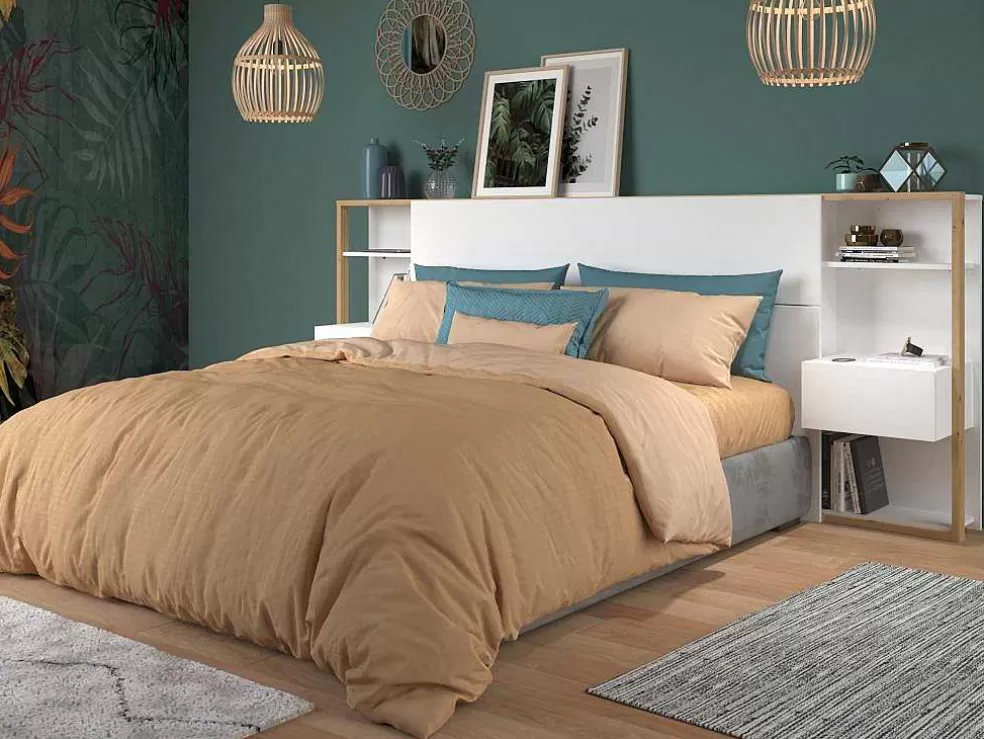 Vente-unique Cabeceira De Cama Com Mesas De Cabeceira De 160 Cm Cor Branco E Carvalho - Mista* Cabeceira E Ponte De Cama