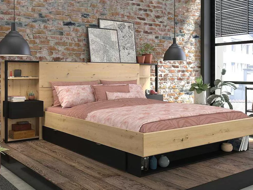 Vente-unique Cabeceira De Cama Com Mesas De Cabeceira De 160 Cm Cor Carvalho E Preto - Mista* Cabeceira E Ponte De Cama