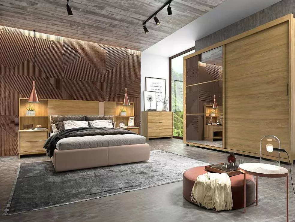 Vente-unique Cabeceira De Cama Extensivel Com Mesas De Cabeceira 140/160 Cm Cor Natural - Novoli* Cabeceira E Ponte De Cama