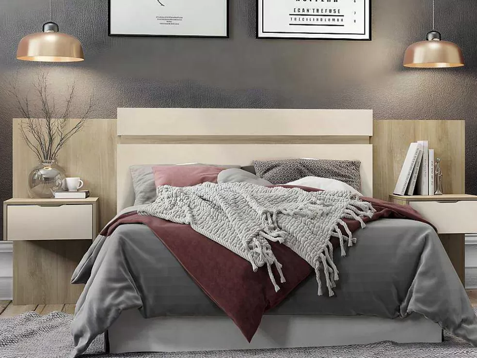 Vente-unique Cabeceira De Cama Extensivel Com Mesas De Cabeceira 140/160 Cm Cor Natural E Marfim - Parati* Cabeceira E Ponte De Cama