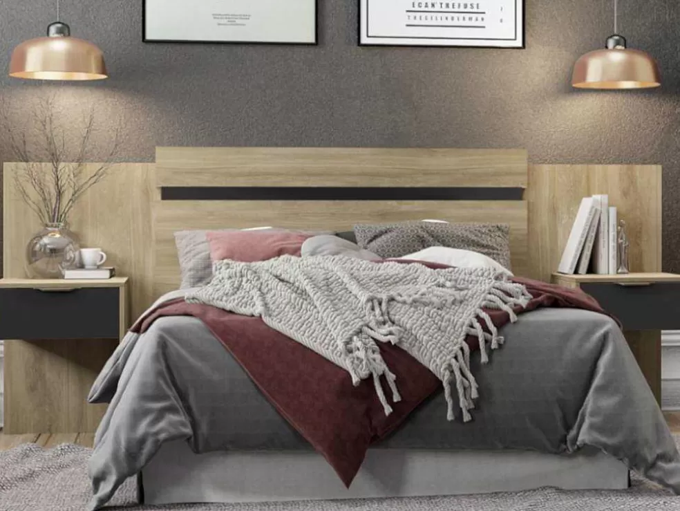 Vente-unique Cabeceira De Cama Extensivel Com Mesas De Cabeceira 140/160 Cm Cor Natural E Preto - Parati* Cabeceira E Ponte De Cama