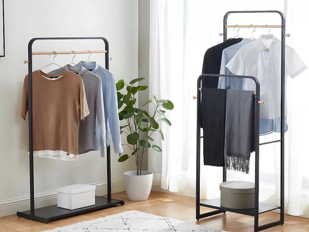 Vente-unique Cabide De Roupa Duplo De C65 Cm Em Metal Preto E Madeira De Faia - Selin* Arrumação E Acessórios De Quarto