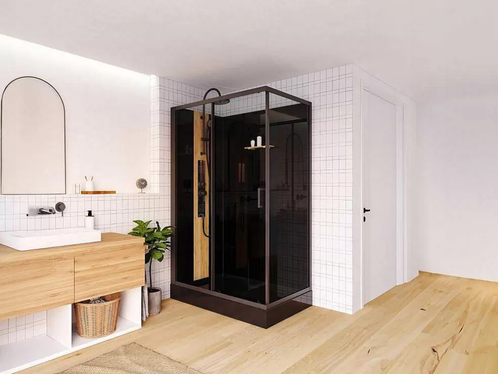 Shower & Design Cabine De Duche De Hidromassagem Retangular Em Bambu, Instalacao Reversivel, Preto Fosco, C120 X L80 X A225 Cm - Vituna* Cabine De Duche