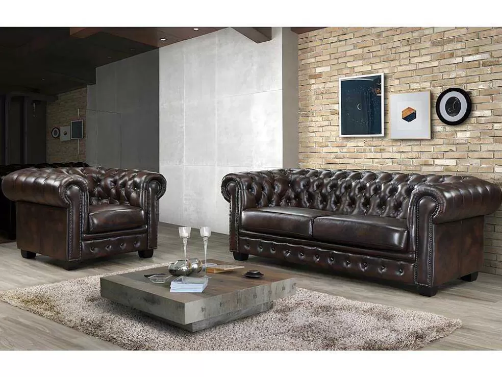 LINEA Sofá Cadeirão 100% Pele De Bufalo Castanho Com Reflexos Castanhos Estilo Chesterfield - Brenton* Poltrona Em Pele