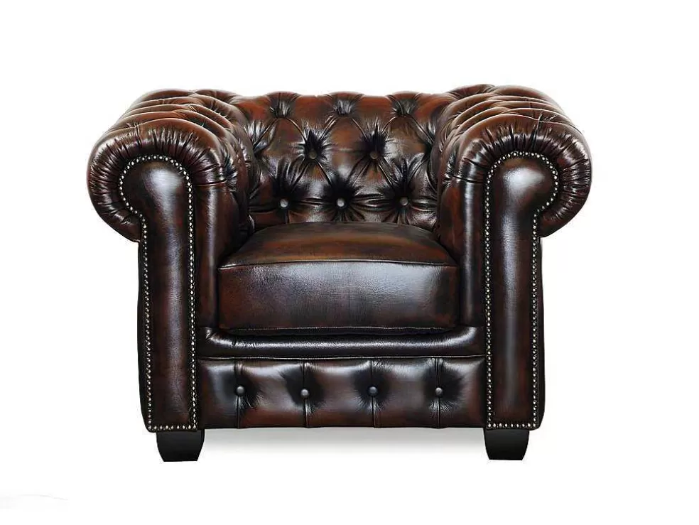 LINEA Sofá Cadeirão 100% Pele De Bufalo Castanho Com Reflexos Castanhos Estilo Chesterfield - Brenton* Poltrona Em Pele