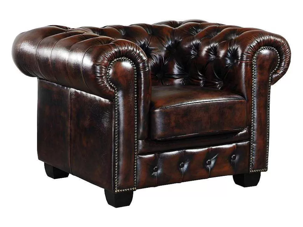 LINEA Sofá Cadeirão 100% Pele De Bufalo Castanho Com Reflexos Castanhos Estilo Chesterfield - Brenton* Poltrona Em Pele