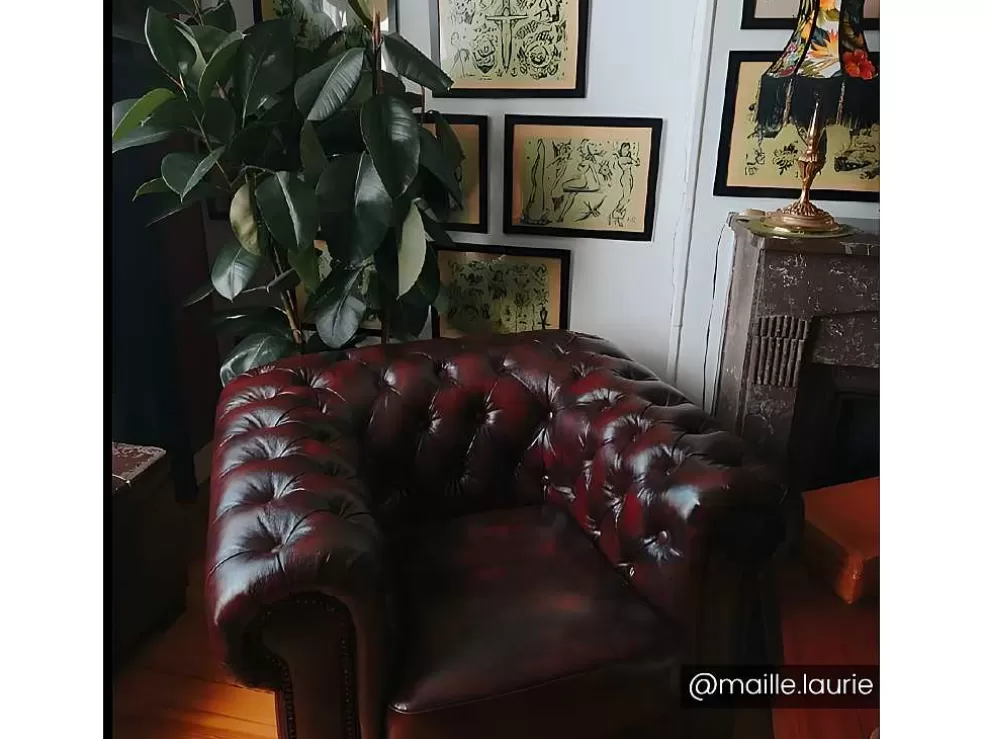 LINEA Sofá Cadeirão 100% Pele De Bufalo Castanho Com Reflexos Castanhos Estilo Chesterfield - Brenton* Poltrona Em Pele