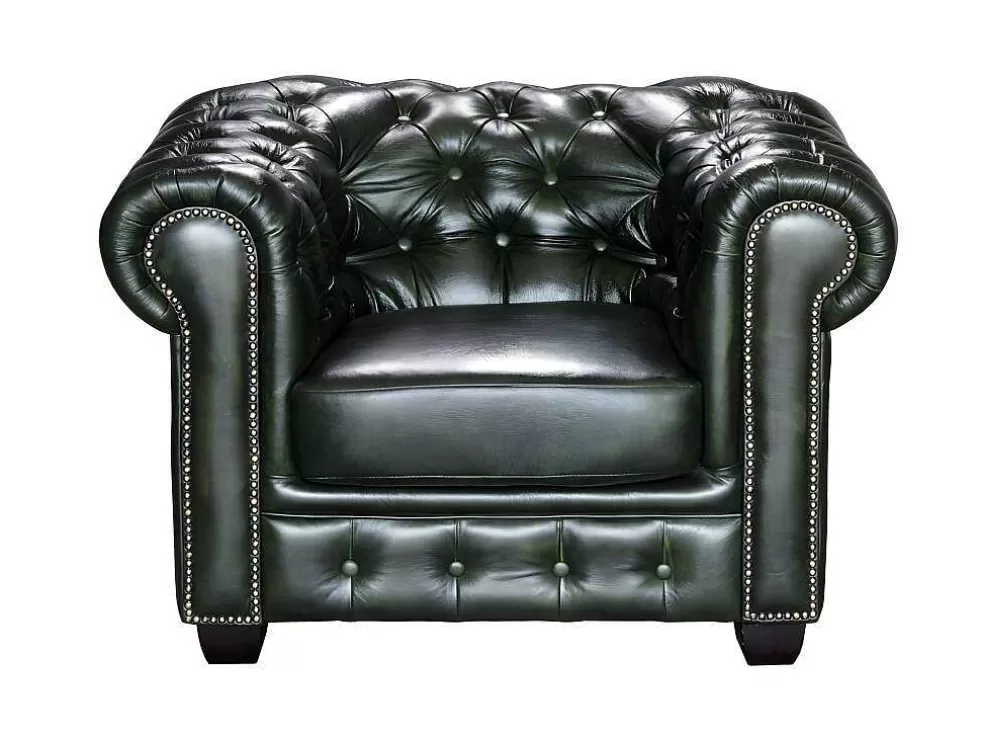 LINEA Sofá Cadeirão 100% Pele De Bufalo Verde Imperial Estilo Chesterfield - Brenton* Poltrona Em Pele