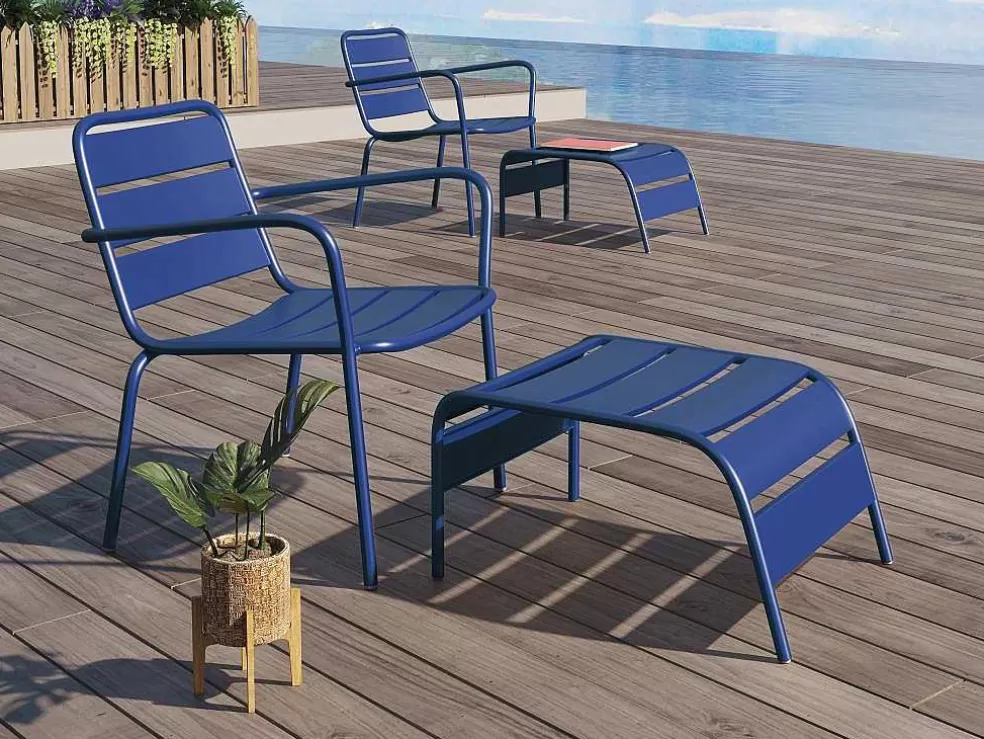 MYLIA Cadeirão Baixo De Jardim Empilhavel + Apoio De Pés Em Metal Azul-Escuro - Mirmande* Conjunto Relax De Jardim