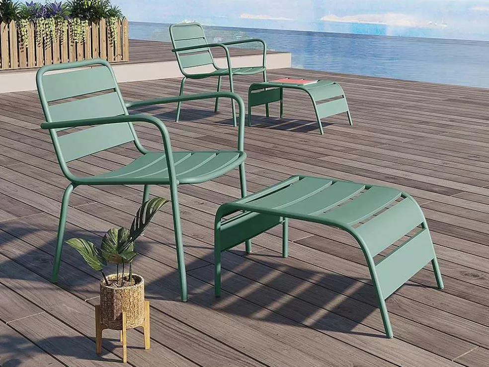 MYLIA Cadeirão Baixo De Jardim Empilhavel + Apoio De Pés Em Metal Cor Verde Amendoa - Mirmande* Conjunto Relax De Jardim