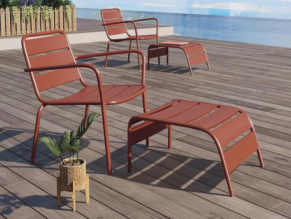 MYLIA Cadeirão Baixo De Jardim Empilhavel + Apoio De Pés Em Metal Terracota - Mirmande* Conjunto Relax De Jardim