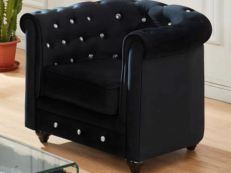 Vente-unique Cadeirão Chesterfield - Veludo Preto E Botoes Efeito Cristal* Poltrona Em Veludo