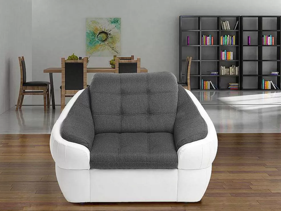 Vente-unique Cadeirão Em Tecido E Pele Sintética Bicolor Cinza E Branco - Farez* Poltrona Em Pele Sintética