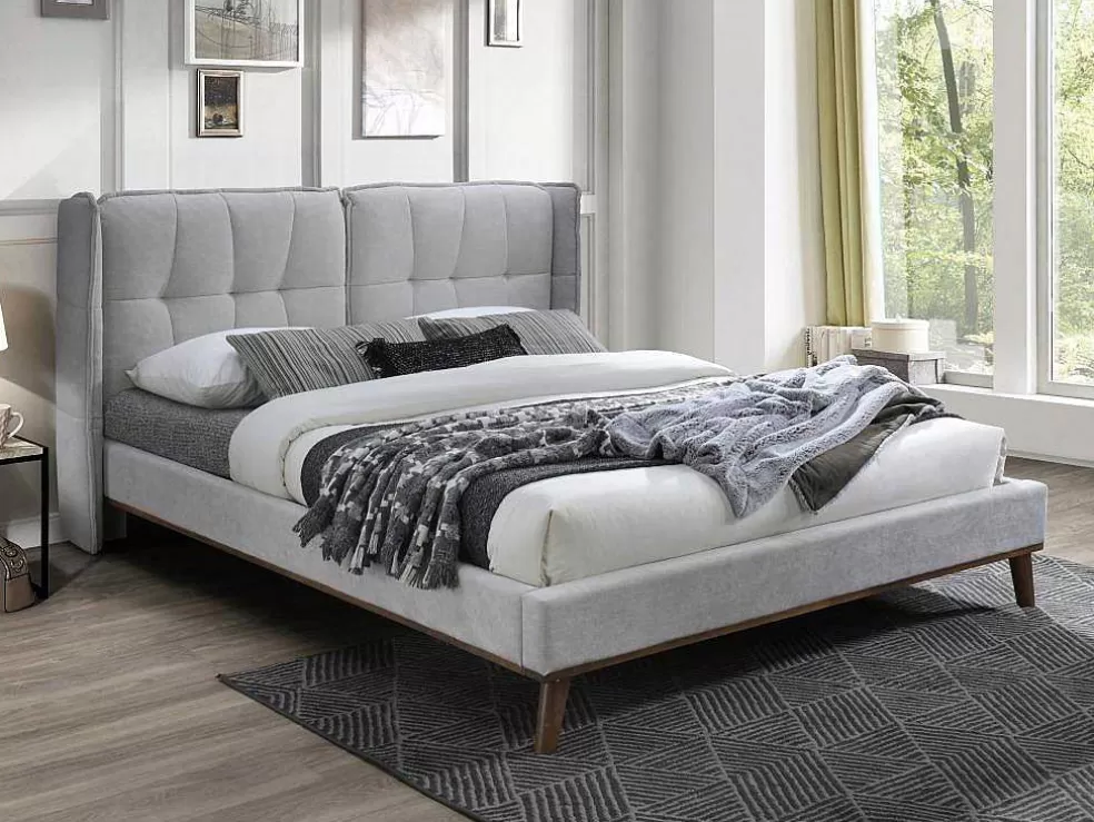 Vente-unique Cama 140 X 200 Cm Com Cabeceira De Cama Acolchoada Linho Cinzento-Claro - Kerano* Cama De Adulto