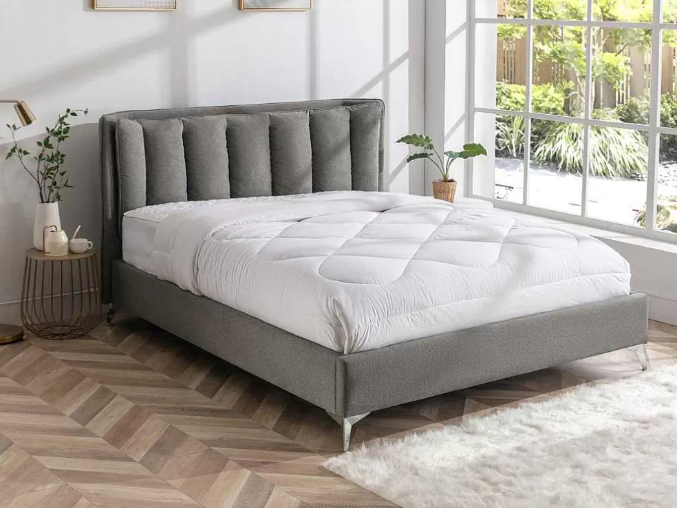 Vente-unique Cama 160 X 200 Cm Com Cabeceira De Cama Acolchoada Tecido Cinzento - Funiti* Cama De Adulto