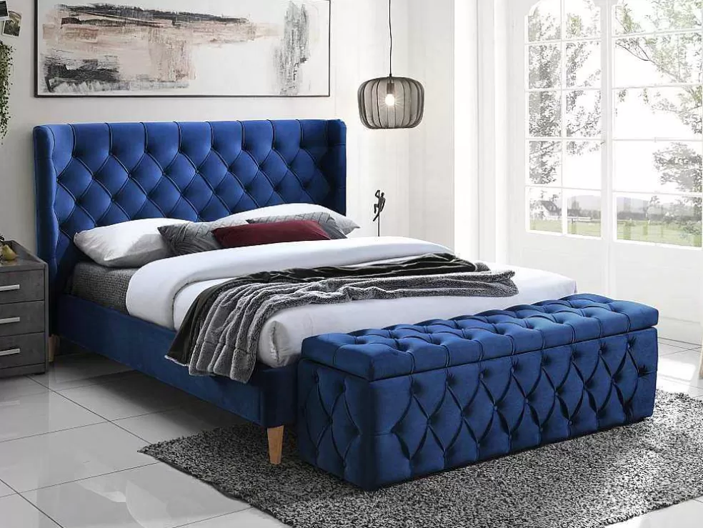 Vente-unique Cama 140 X 190 Cm Com Cabeceira De Cama Acolchoada Veludo Azul Real + Colchão - Enodi* Cama Em Veludo