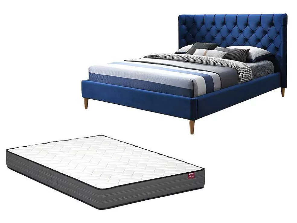 Vente-unique Cama 140 X 190 Cm Com Cabeceira De Cama Acolchoada Veludo Azul Real + Colchão - Enodi* Cama Em Veludo